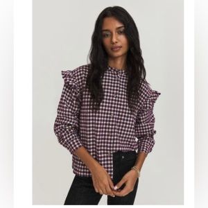 Something Navy Jamie Ruffle Sleeve Plaid Button Up
Maroon White XS